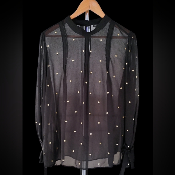 Ann Taylor Tops - Ann Taylor Women's Sheer Black with Gold Foil Polka Dots Blouse Sz L